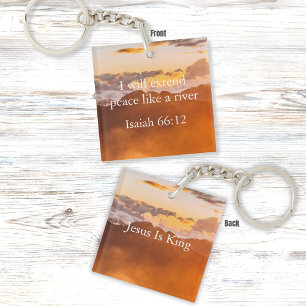 Isaiah 66:12 Bible Verse – Mountain Sunset Design Key Ring