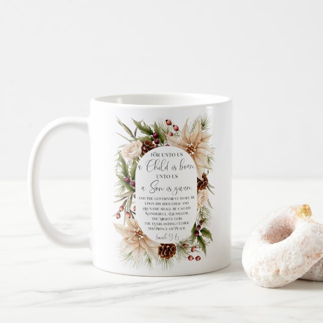 Isaiah 9:6 For unto us Christmas Oval Floral Frame Coffee Mug (With Donut)