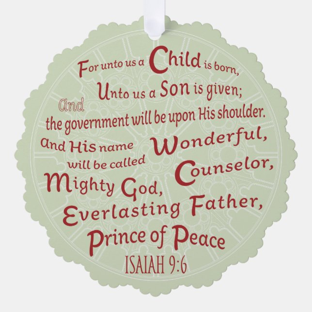 Isaiah 9:6 in Christmas Colours Tree Decoration Card (Front)