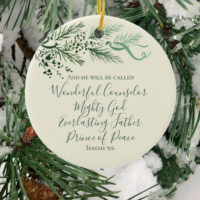 Isaiah 9:6 Personalised Modern Pine Christmas Gift Ceramic Ornament (Personalize the back of this Christian Isaiah 9:6 Christmas gift: unique art modern faith keepsake.)