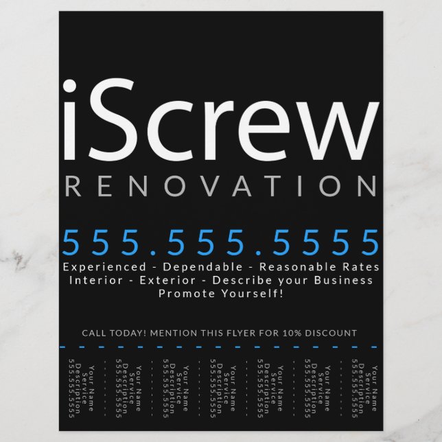 iScrew. Carpenter Contractor Builder Tearsheet Flyer (Front)