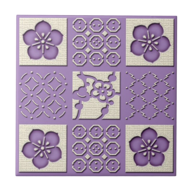 Ishidatami japanese checked pattern plum flowers 2 tile (Front)