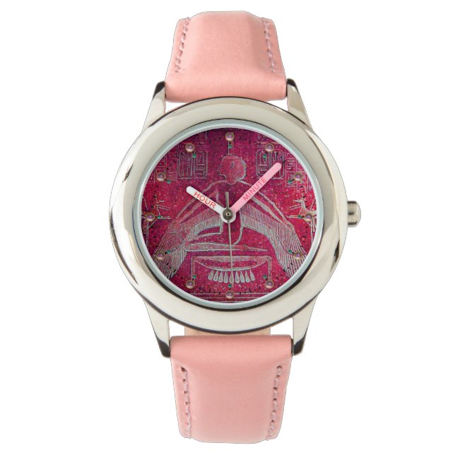 ISIS,Egyptian Goddess Antique Red Pink Hieroglyphs Watch (Front)