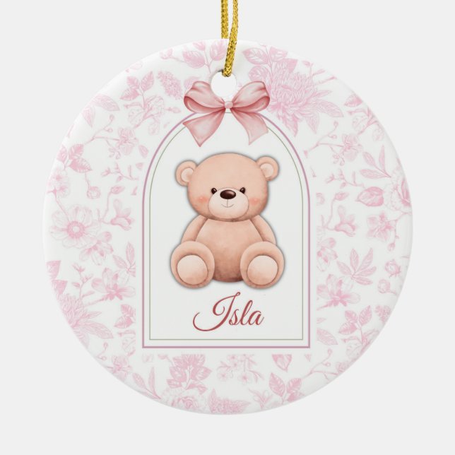 Isla | Custom Pink Teddy Bear Nursery Design  Ceramic Ornament (Front)