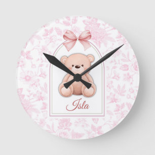 Isla Custom Pink Teddy Bear Nursery Design Round Clock