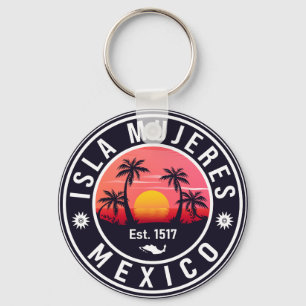 Isla Mujeres Mexico Retro Sunset Souvenirs Palm Key Ring