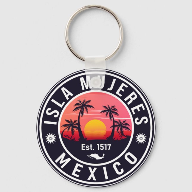 Isla Mujeres Mexico Retro Sunset Souvenirs Palm Key Ring (Front)