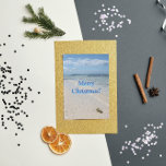 Isla Saona Caribbean Beach Merry Christmas! Holiday Card<br><div class="desc">Scenic photo of a sea shell (not visible on all products) on a sandy Caribbean beach on Isla Saona island,  part of the Dominican Republic with a small boat in the background. Merry Christmas!</div>