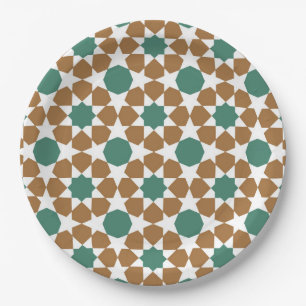 Islamic Arabic Geometric Blue Brown Motif Pattern Paper Plate