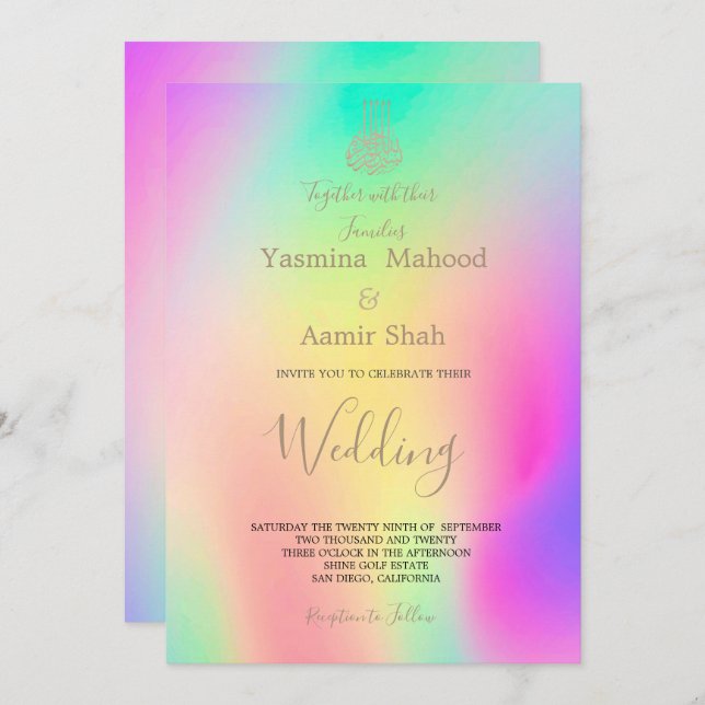 Islamic Bismillah Colourful Chic Modern Wedding  Invitation (Front/Back)