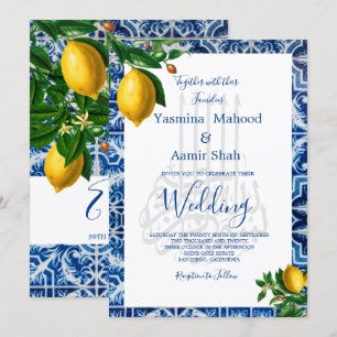 Islamic Bismillah Lemons Blue White Tile Monogram Invitation