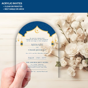 Islamic Blue Gold Nikah Muslim Wedding Elegant Acrylic Invitations