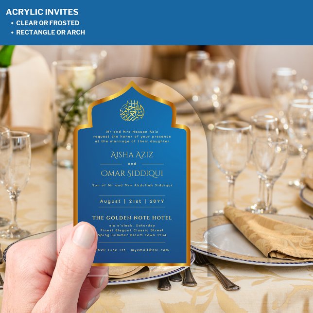 Islamic Blue Gold Nikah Muslim Wedding Elegant Acrylic Invitations (Creator Uploaded)