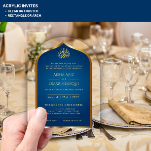 Islamic Blue Gold Nikah Muslim Wedding Elegant Acrylic Invitations