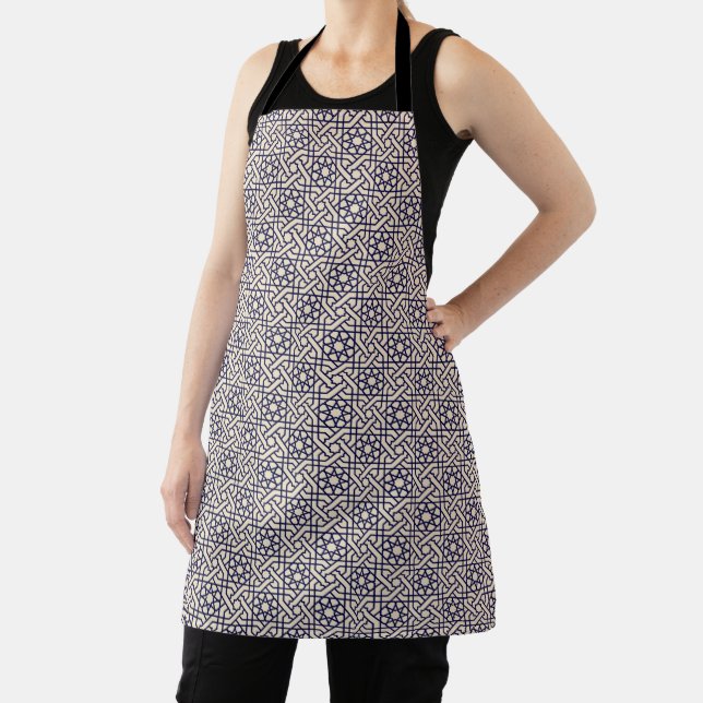 Islamic Blue White Moroccan Geometric Pattern Apron (Insitu)