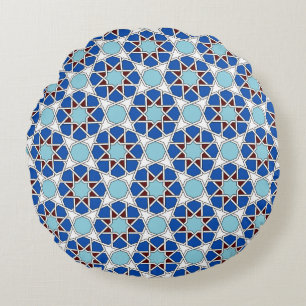 Islamic Blue White Moroccan Geometric Pattern Round Cushion