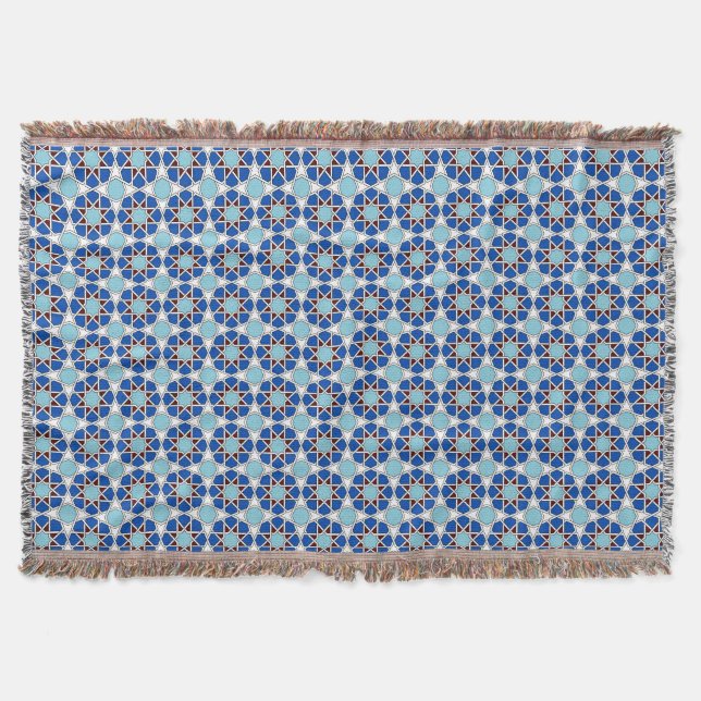 Islamic Blue White Moroccan Geometric Pattern Throw Blanket (Front)
