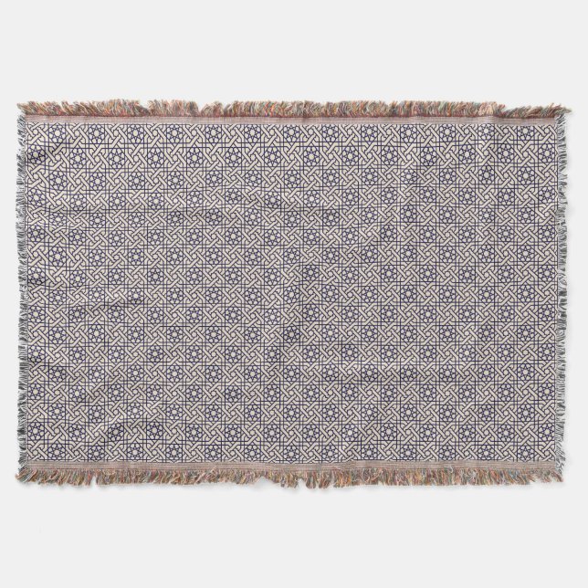 Islamic Blue White Moroccan Geometric Pattern Throw Blanket (Front)