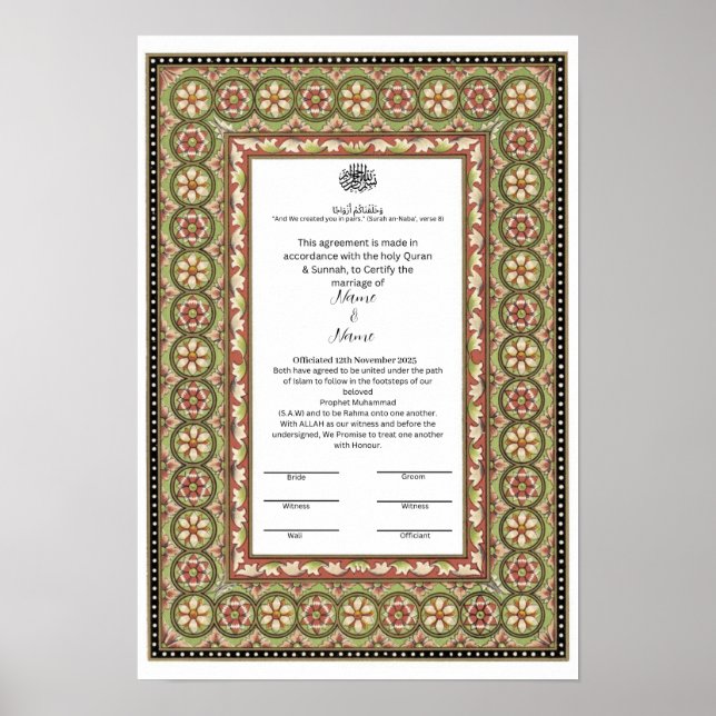 Islamic border Nikkah certificate  Poster (Front)