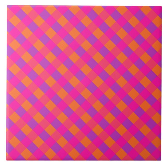 Islamic Collection, Pink Orange Purple Check Ceramic Tile (Front)