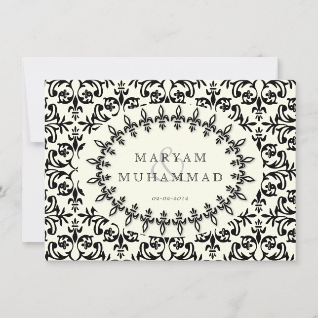 Islamic damask wedding engagement black flower invitation (Front)
