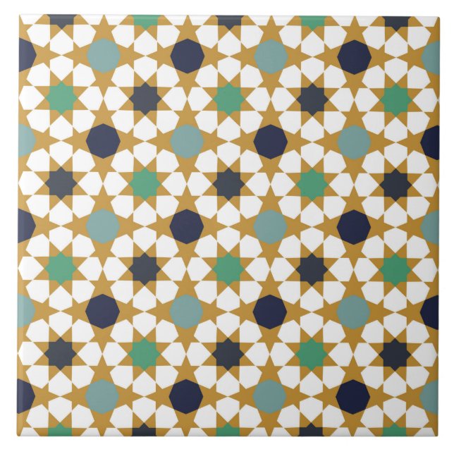 Islamic Geometric Blue Gold Motif Pattern Ceramic Tile (Front)