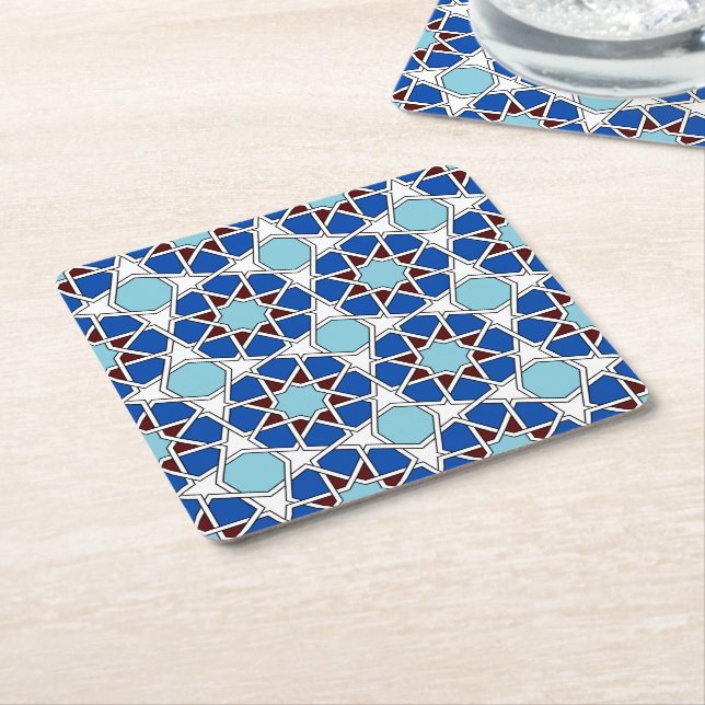 Islamic geometric Moroccan pattern in blue Square Paper Coaster (Angled)