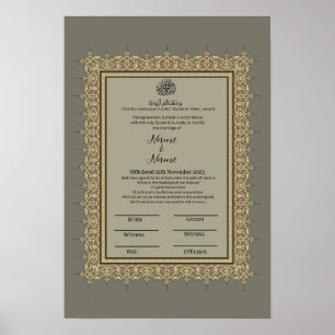 Islamic Grey floral border Nikkah certificate  Poster