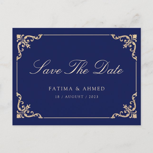 Islamic Muslim Blue Save The Date Announcement Postcard (Front)
