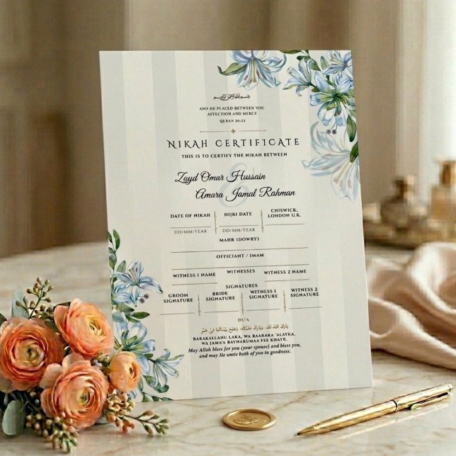 Islamic Nikah Certificate | Blue Lily Floral (Creator Uploaded)