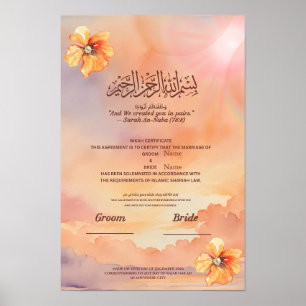 Islamic Nikah Certificate Peach Floral & Pearl Poster