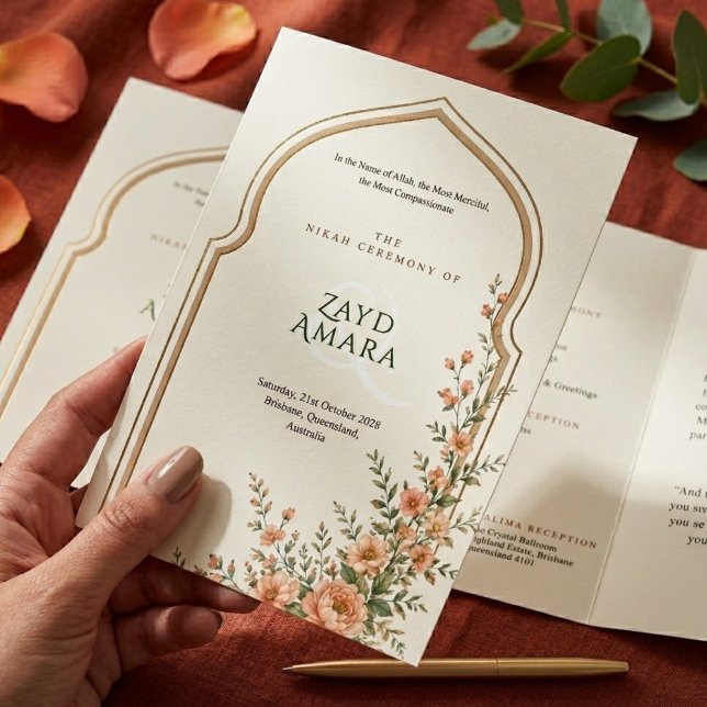 Islamic Nikah Peach Floral Arch Wedding Tri-Fold Programme (Creator Uploaded)