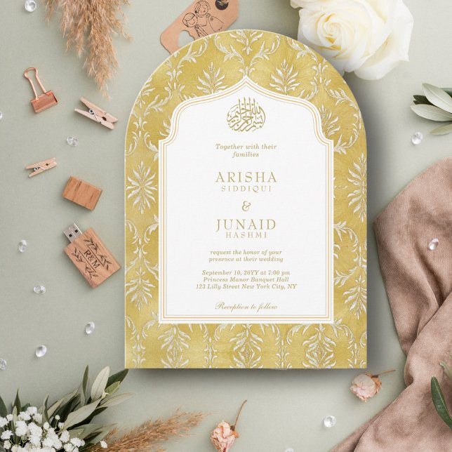 Islamic Royal Golden Damask Muslim QR Arch Wedding Invitation (Creator Uploaded)