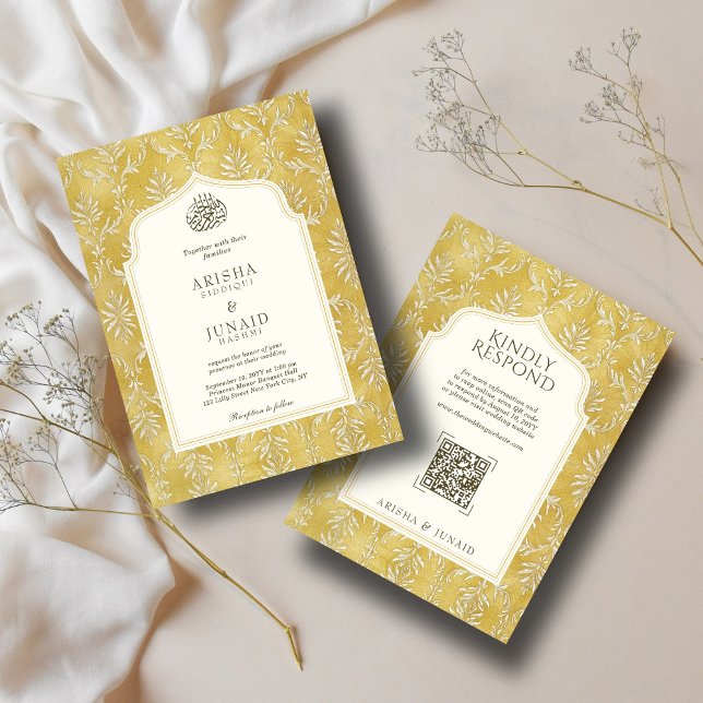 Islamic & Royal Golden Damask Muslim QR Wedding Invitation (Creator Uploaded)