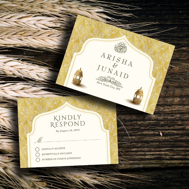 Islamic Royal Golden Damask Muslim Wedding RSVP Card (Creator Uploaded)
