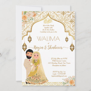 Islamic wedding invitation gold with bridal couple