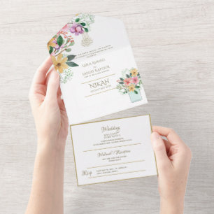 Islamic WEDDING NIKAH WALLIMAH Gold Floral All In  All In One Invitation