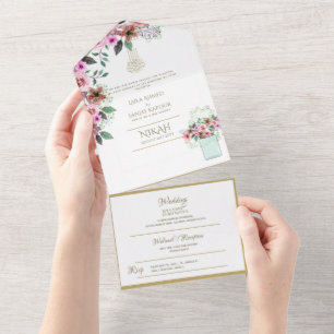 Islamic WEDDING NIKAH WALLIMAH Gold Floral All In  All In One Invitation
