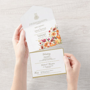 Islamic WEDDING NIKAH WALLIMAH Gold Floral All In  One Invitation