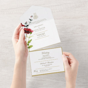 Islamic WEDDING NIKAH WALLIMAH Gold Floral All In  One Invitation