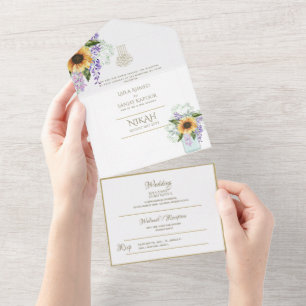 Islamic WEDDING NIKAH WALLIMAH Gold Floral All In  One Invitation