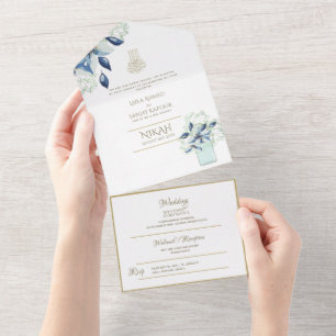 Islamic WEDDING NIKAH WALLIMAH Gold Floral All In  One Invitation