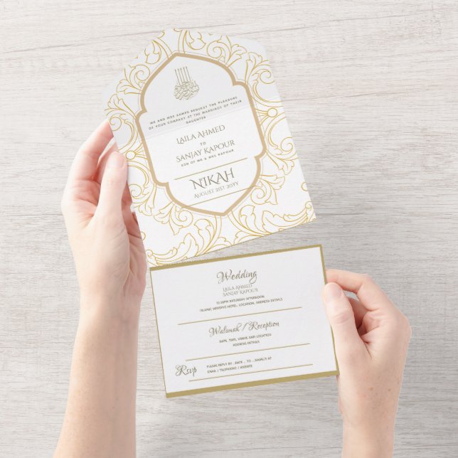 Islamic WEDDING NIKAH WALLIMAH Gold Ornate All In  All In One Invitation (Tearaway)