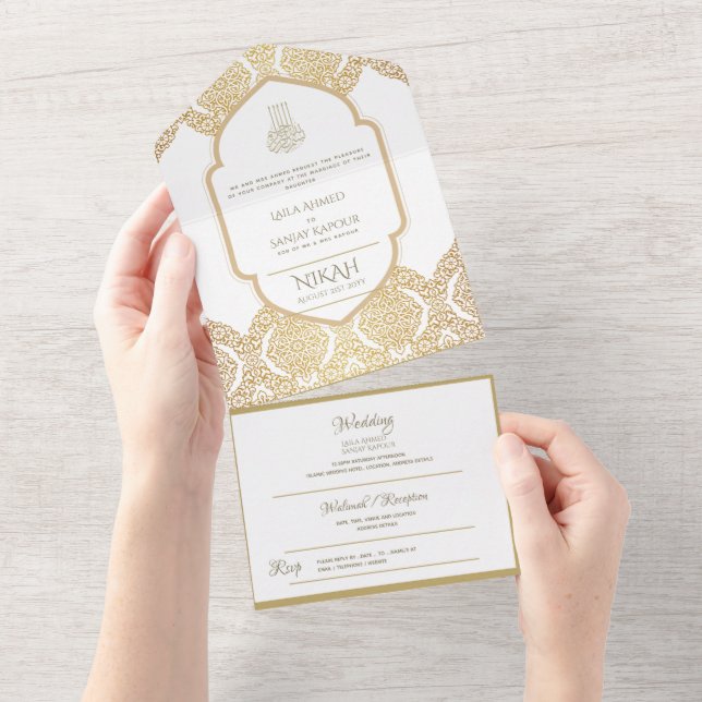 Islamic WEDDING NIKAH WALLIMAH Gold Ornate All In  All In One Invitation (Tearaway)