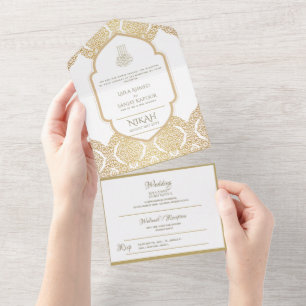 Islamic WEDDING NIKAH WALLIMAH Gold Ornate All In  One Invitation