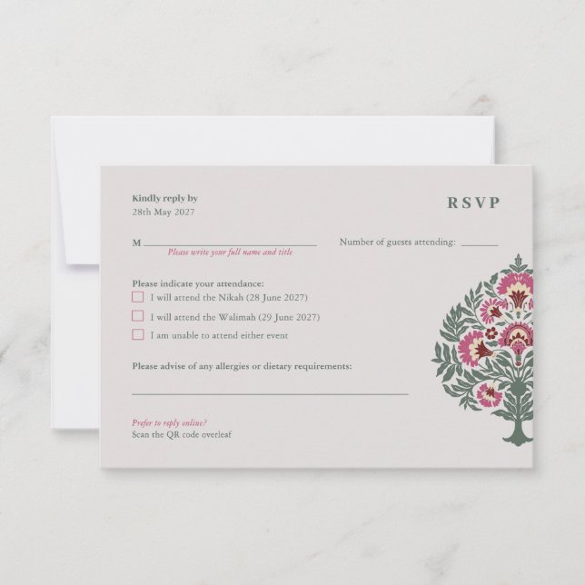 Islamic Wedding RSVP Card – Soft-Grey Mughal (Front)