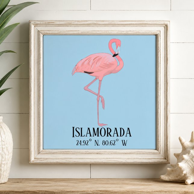 Islamorada FL Keys Latitude Longitude Beach House  Ceramic Tile (pink flamingo Islamorada Florida Keys lat long coordinates ceramic tile displayed in frame )