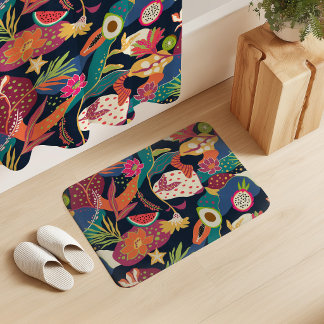 Island Blooms and Fruits on Navy Blue Bath Mat