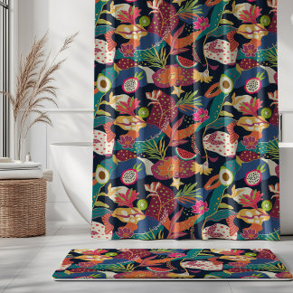 Island Blooms and Fruits on Navy Blue Shower Curtain