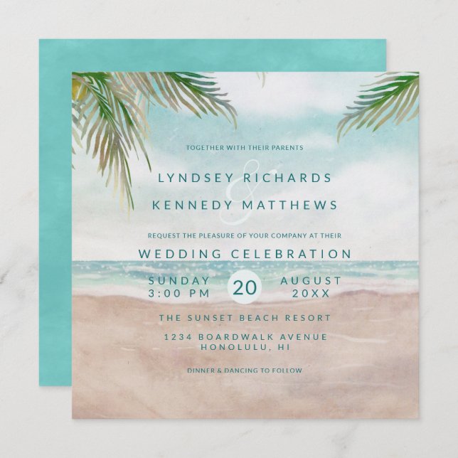 Island Breeze Ocean Beach Scene Wedding Square Invitation (Front/Back)